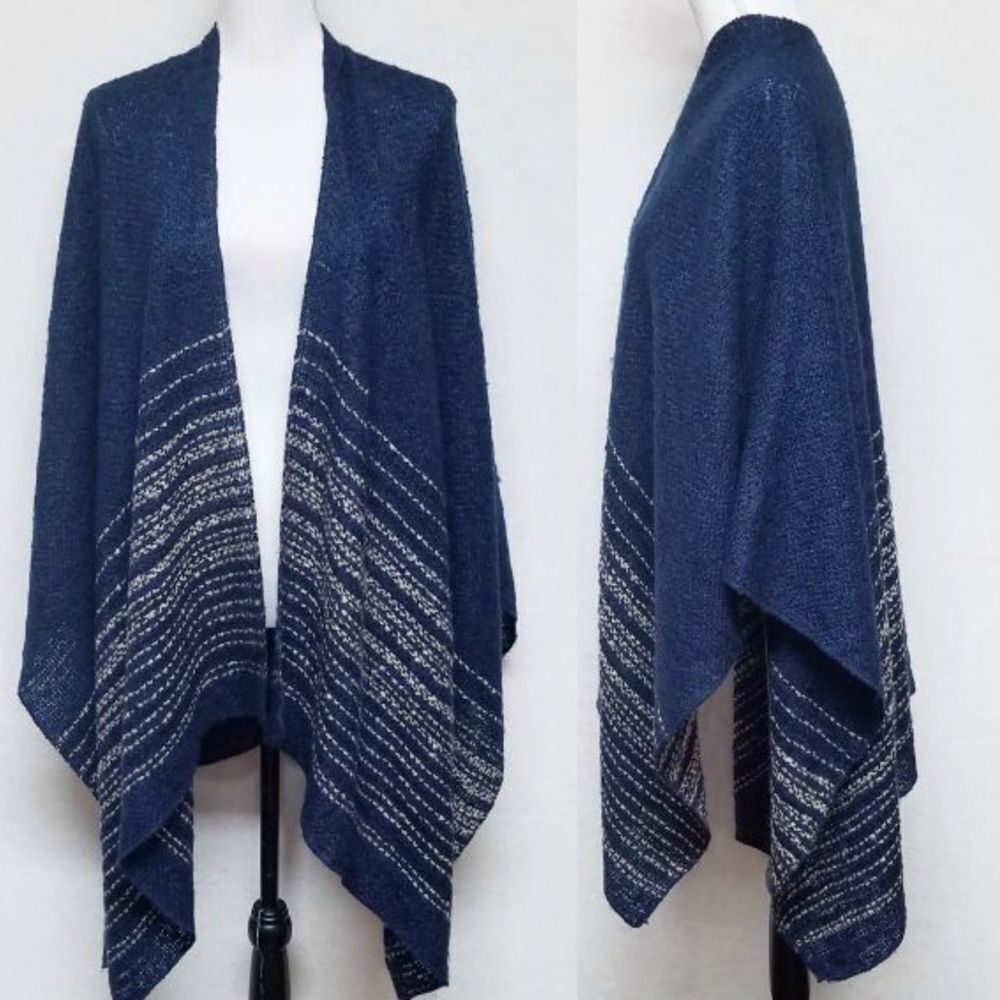 VINTAGE 80s Handmade Blue Striped Poncho Shawl